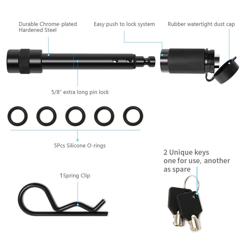 Coolrunner Trailer Hitch Lock Pin Set, 5/8" Extra Long Black Locking Hitch Pin, Heavy Duty Tow Hitch Receiver Lock with Anti-Rattle, Keys, Rubber Cap(5/8" Not Keyed Alike) - Image 3